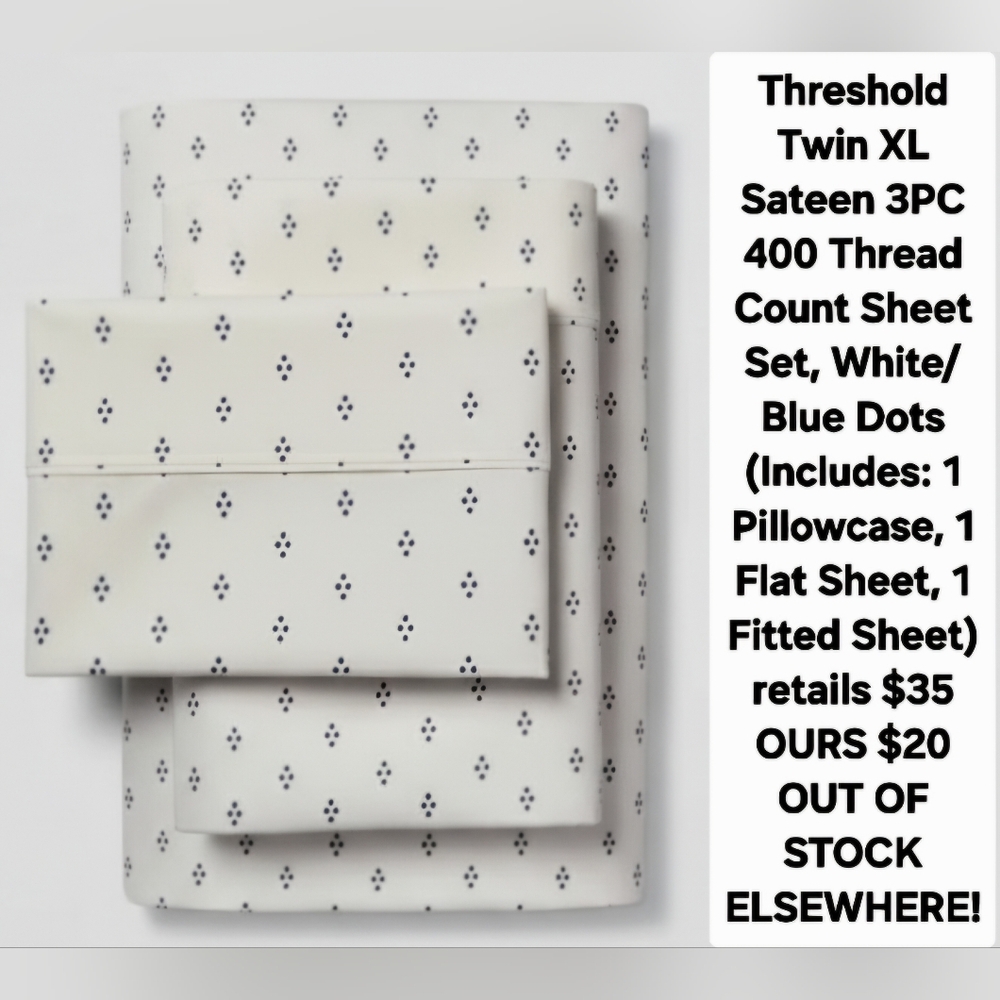 NWT Threshold Twin XL Sateen 3PC 400 Thread Count Sheet Set - White w/ Blue Dots